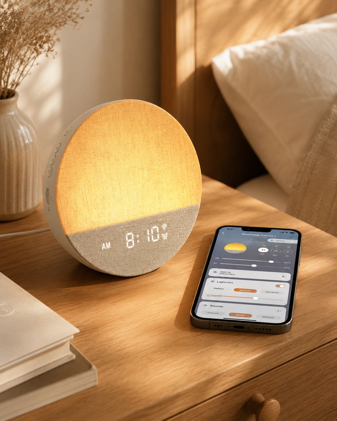 Dreamegg Sunrise 1 Wake Up Alarm Clock glowing on a wooden bedside table next to a phone app control screen.