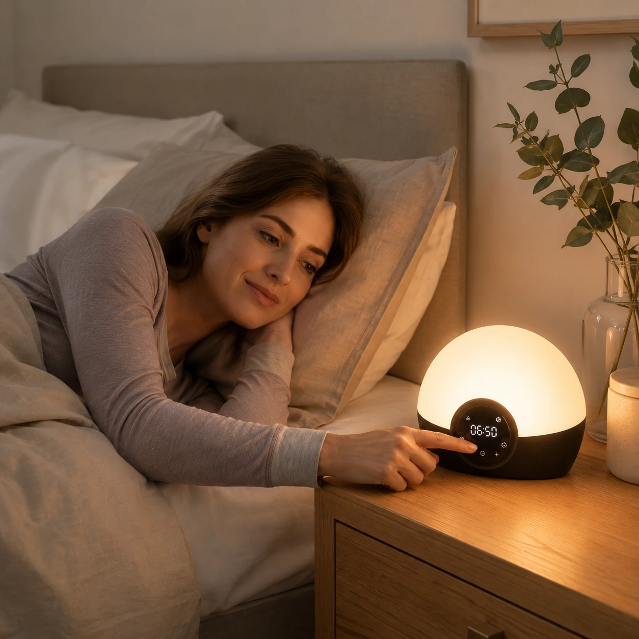 Dreamegg Sunrise 1 Wake Up Alarm Clock glowing on a bedside side table with a candle, books, and decorative items.