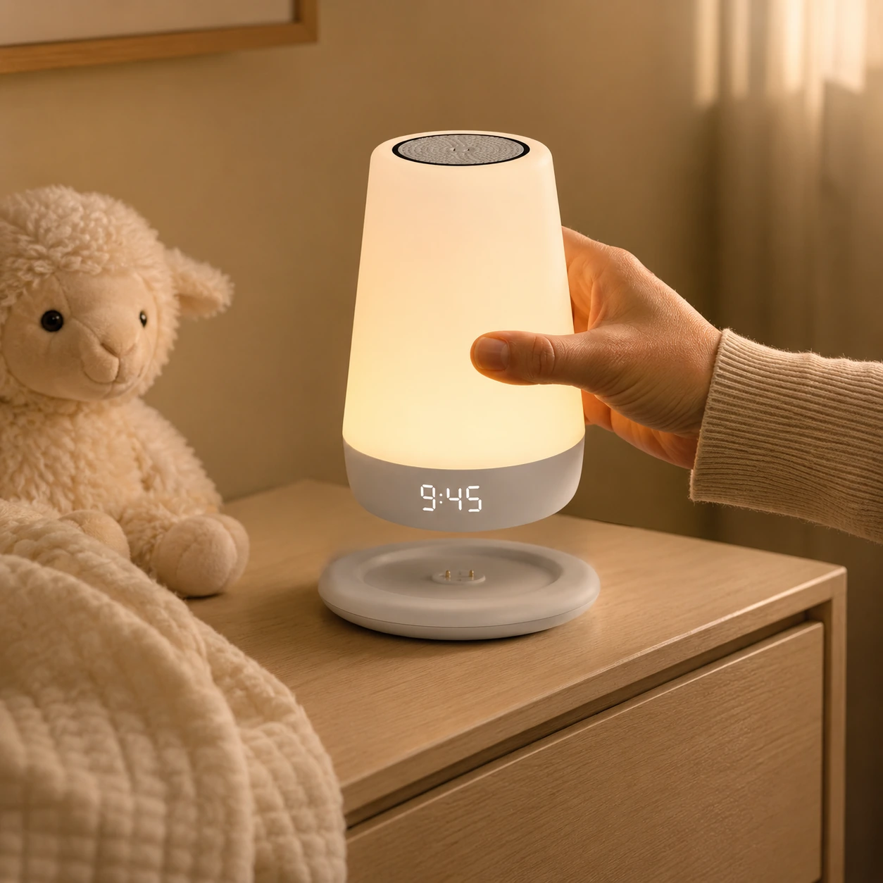 Hatch Rest+ 2nd Gen portable night light lifted from its charging dock Hatch Rest+ 2nd Gen portable night light lifted from its charging dock