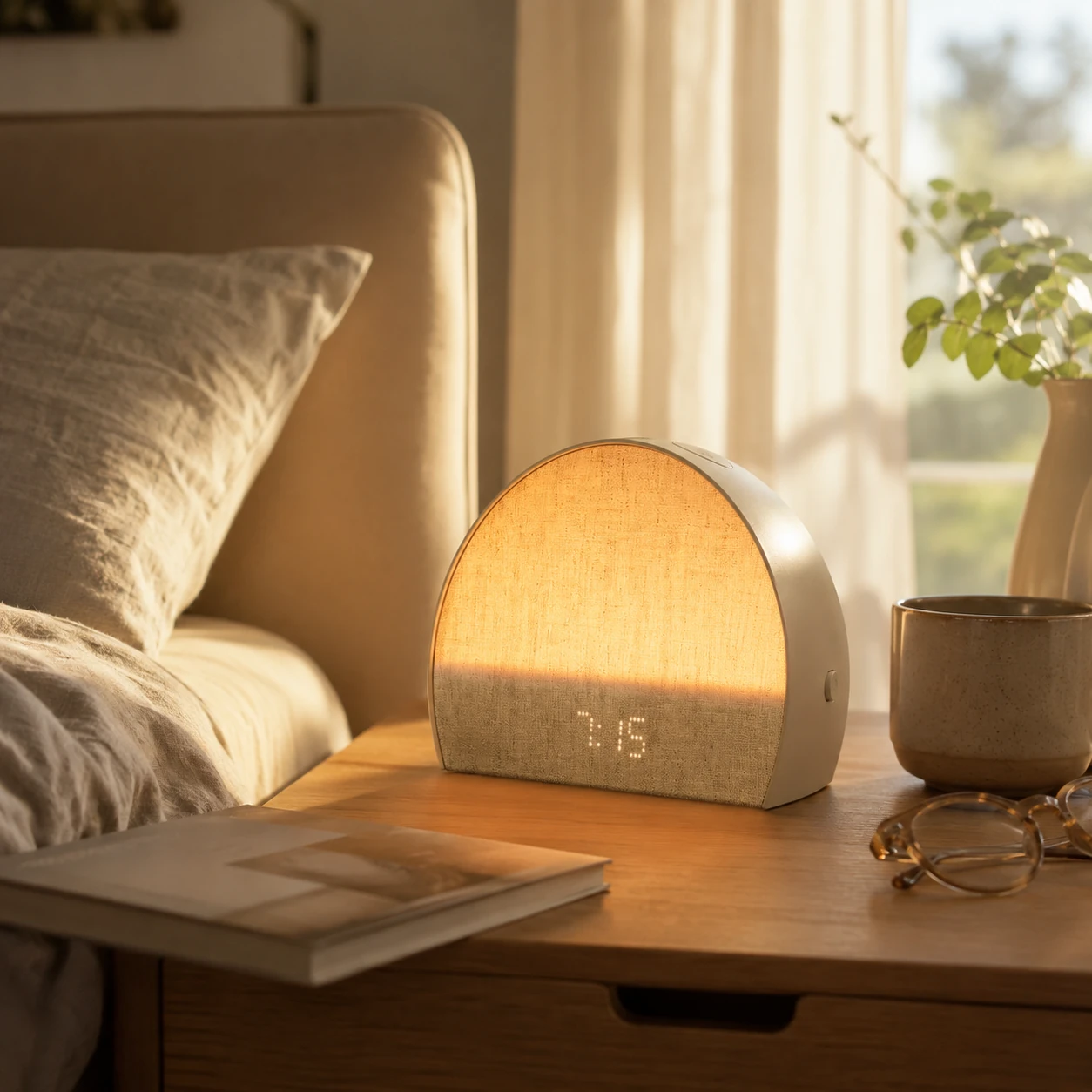 Hatch Restore 2 sunrise light glowing in a cozy bedroom morning scene