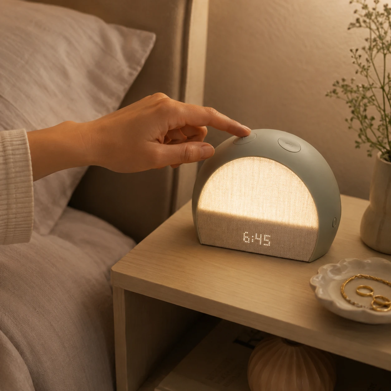 A hand reaching toward Hatch Restore 2 on a bedside table during evening wind-down