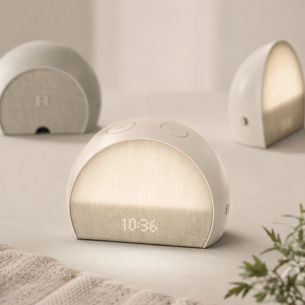 Hatch Restore 2 with a smartphone showing app-based light and sound controls