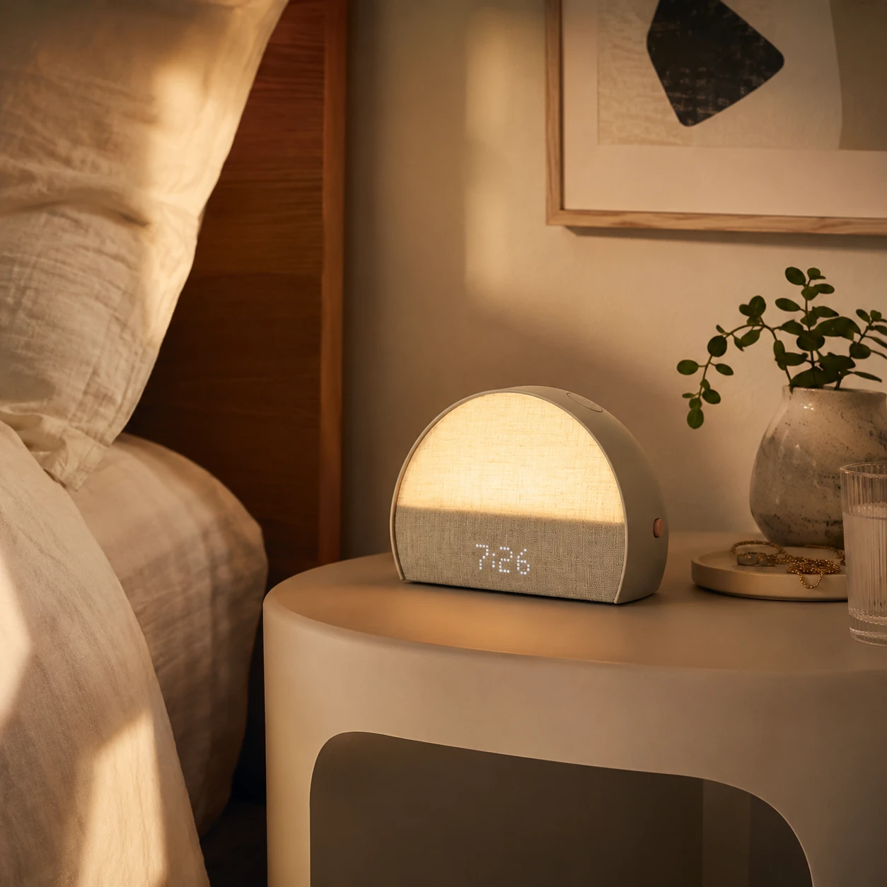 Hatch Restore 2 lit up on a sculpted bedside table in a cozy bedroom corner