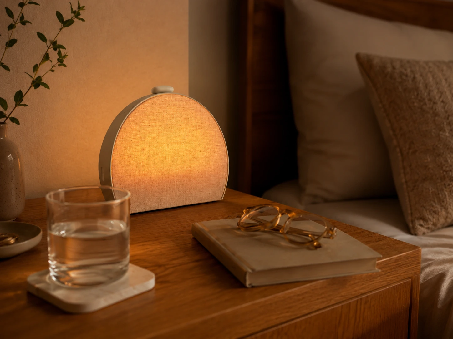 Hatch Restore 3 Smart Sunrise Alarm Clock adding soft light to a cozy bedroom Hatch Restore 3 Smart Sunrise Alarm Clock adding soft light to a cozy bedroom