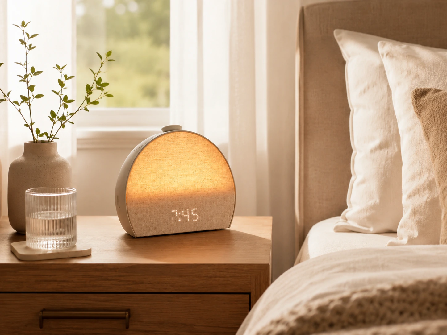 Hatch Restore 3 Smart Sunrise Alarm Clock on a nightstand in warm morning light Hatch Restore 3 Smart Sunrise Alarm Clock on a nightstand in warm morning light