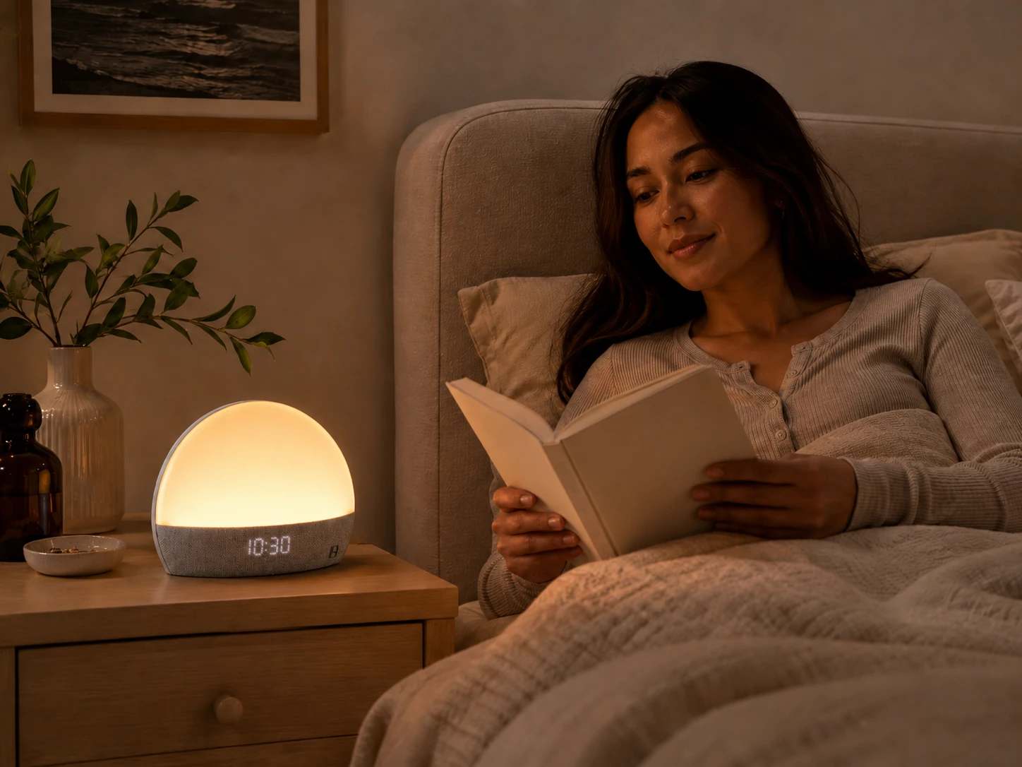 Hatch Restore Smart Alarm Clock creating a warm bedtime reading atmosphere