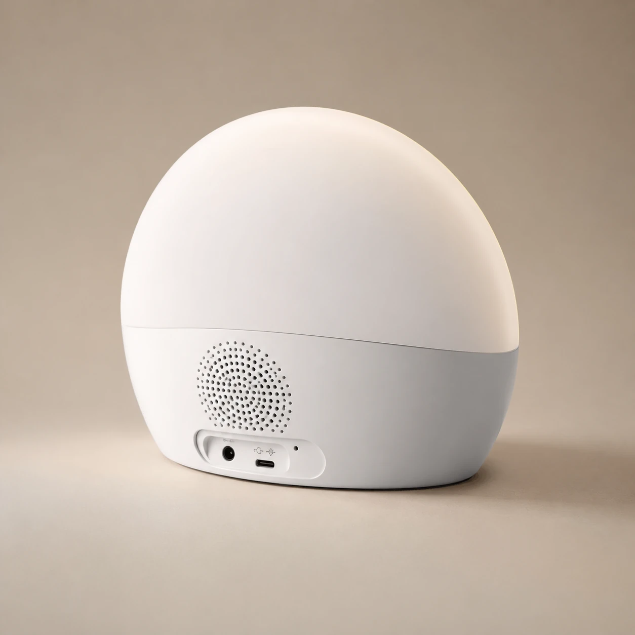 Rear product image of the Lumie Bodyclock Rise100 showing the back panel, speaker area, and connection ports.