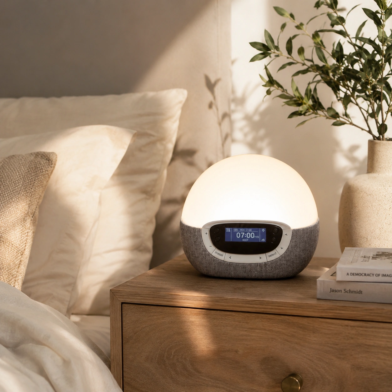 Lumie Bodyclock Rise300 in a warm bedroom with morning light