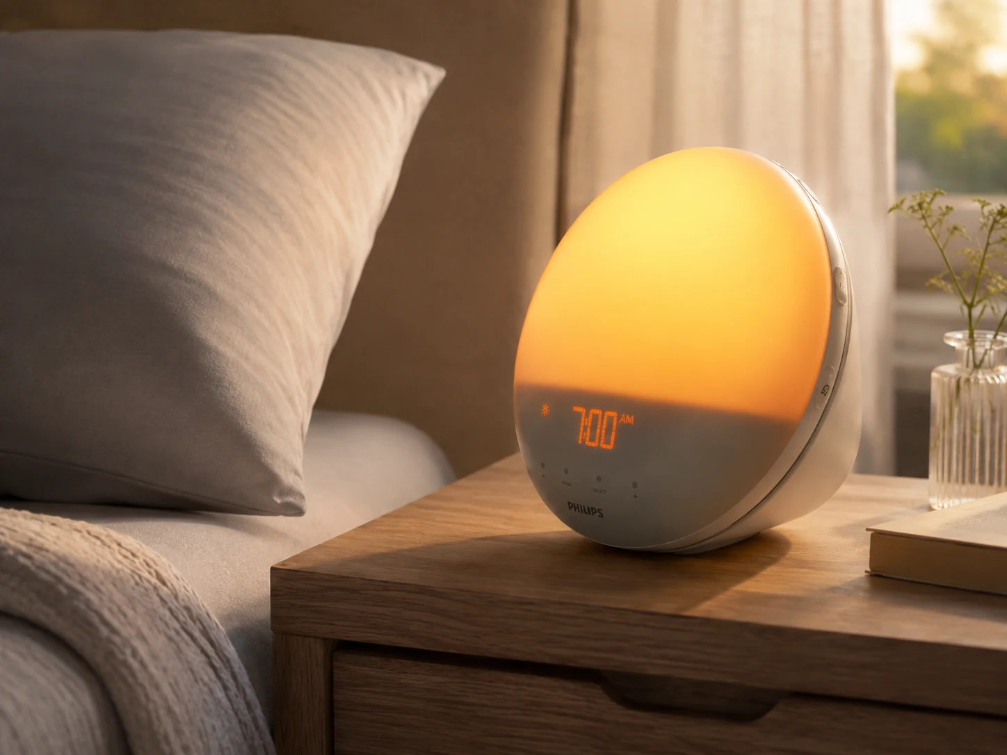 Philips SmartSleep HF3520/60 glowing on a warm wooden bedside table