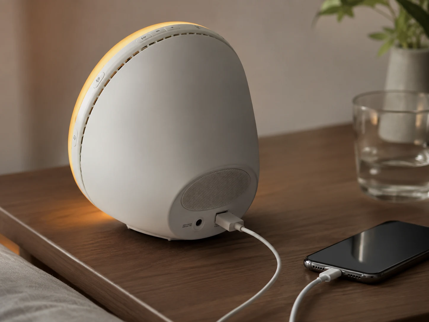 Philips SmartSleep HF3520/60 rear USB port charging a smartphone on a bedside table