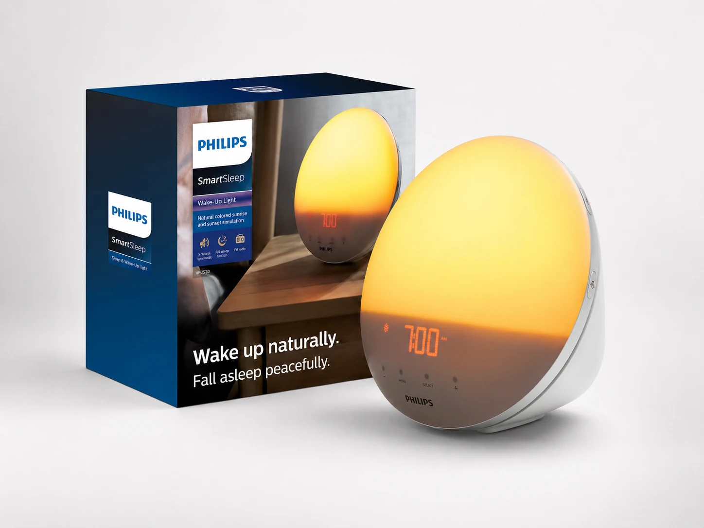 Philips SmartSleep HF3520/60 wake-up light shown with its retail box